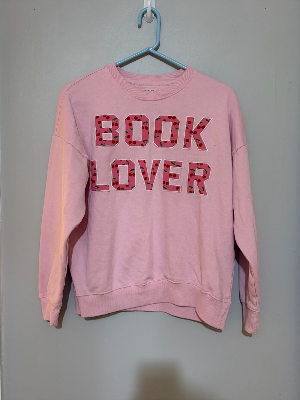 Recycled Threads Embroidered “Book Lover” Pink Crewneck Sweatshirt
